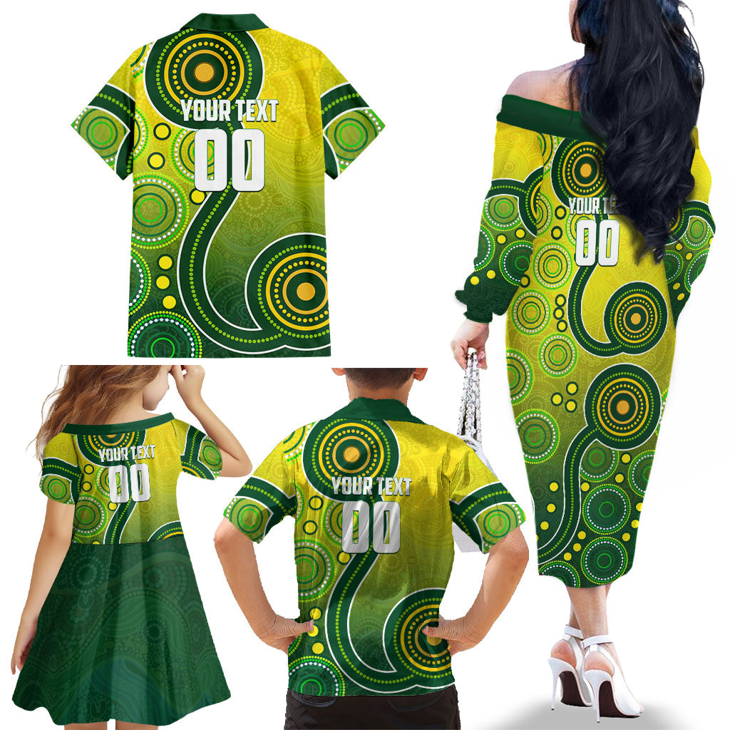 Personalized Australian Soccer Kangaroo Family Matching Off The Shoulder Long Sleeve Dress and Hawaiian Shirt Aboriginal Dot Pattern Green Gold Football Player