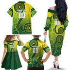 Personalized Australian Soccer Kangaroo Family Matching Off The Shoulder Long Sleeve Dress and Hawaiian Shirt Aboriginal Dot Pattern Green Gold Football Player