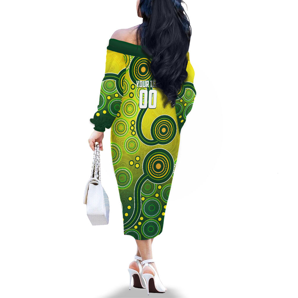 Personalized Australian Soccer Kangaroo Family Matching Off The Shoulder Long Sleeve Dress and Hawaiian Shirt Aboriginal Dot Pattern Green Gold Football Player
