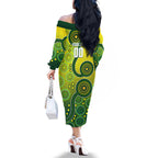 Personalized Australian Soccer Kangaroo Family Matching Off The Shoulder Long Sleeve Dress and Hawaiian Shirt Aboriginal Dot Pattern Green Gold Football Player