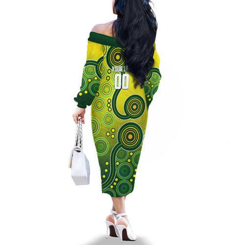 Personalized Australian Soccer Kangaroo Family Matching Off The Shoulder Long Sleeve Dress and Hawaiian Shirt Aboriginal Dot Pattern Green Gold Football Player