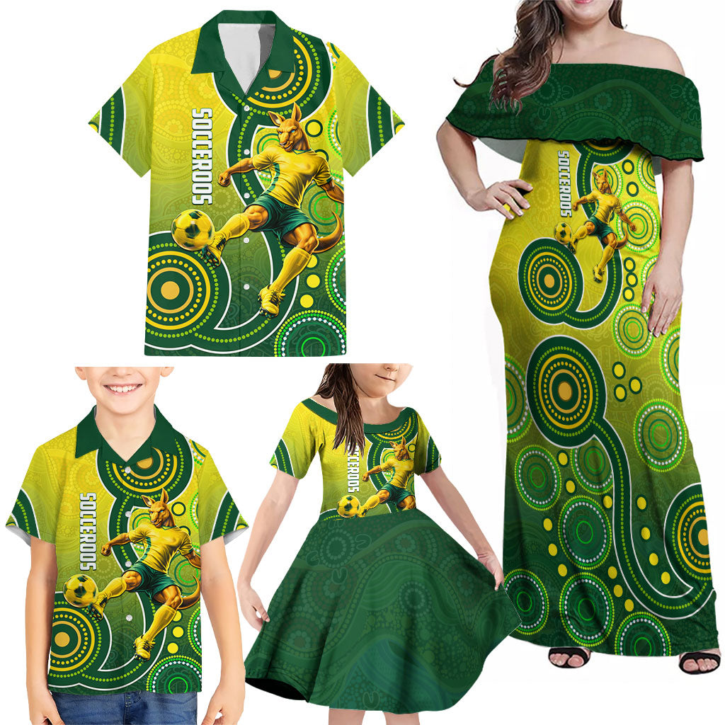 Personalized Australian Soccer Kangaroo Family Matching Off Shoulder Maxi Dress and Hawaiian Shirt Aboriginal Dot Pattern Green Gold Football Player