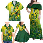 Personalized Australian Soccer Kangaroo Family Matching Off Shoulder Maxi Dress and Hawaiian Shirt Aboriginal Dot Pattern Green Gold Football Player