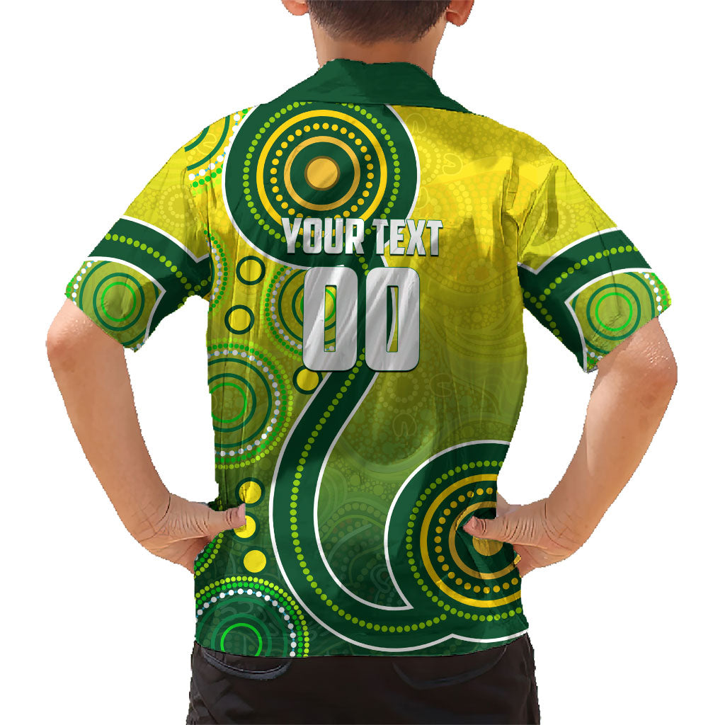 Personalized Australian Soccer Kangaroo Family Matching Off Shoulder Maxi Dress and Hawaiian Shirt Aboriginal Dot Pattern Green Gold Football Player