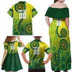 Personalized Australian Soccer Kangaroo Family Matching Off Shoulder Maxi Dress and Hawaiian Shirt Aboriginal Dot Pattern Green Gold Football Player