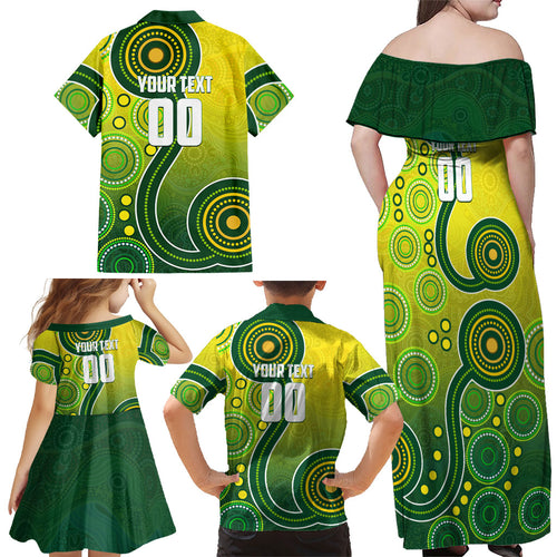 Personalized Australian Soccer Kangaroo Family Matching Off Shoulder Maxi Dress and Hawaiian Shirt Aboriginal Dot Pattern Green Gold Football Player