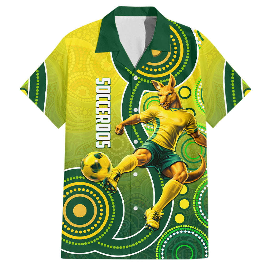 Personalized Australian Soccer Kangaroo Family Matching Off Shoulder Maxi Dress and Hawaiian Shirt Aboriginal Dot Pattern Green Gold Football Player
