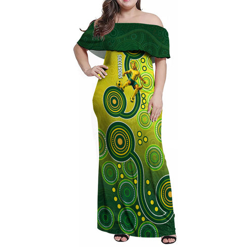 Personalized Australian Soccer Kangaroo Family Matching Off Shoulder Maxi Dress and Hawaiian Shirt Aboriginal Dot Pattern Green Gold Football Player