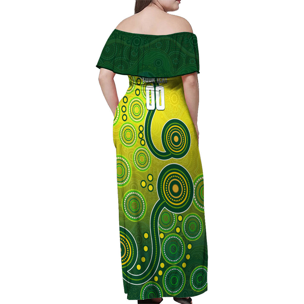 Personalized Australian Soccer Kangaroo Family Matching Off Shoulder Maxi Dress and Hawaiian Shirt Aboriginal Dot Pattern Green Gold Football Player