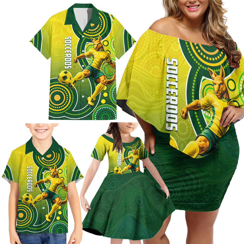 Personalized Australian Soccer Kangaroo Family Matching Off Shoulder Short Dress and Hawaiian Shirt Aboriginal Dot Pattern Green Gold Football Player