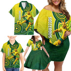 Personalized Australian Soccer Kangaroo Family Matching Off Shoulder Short Dress and Hawaiian Shirt Aboriginal Dot Pattern Green Gold Football Player