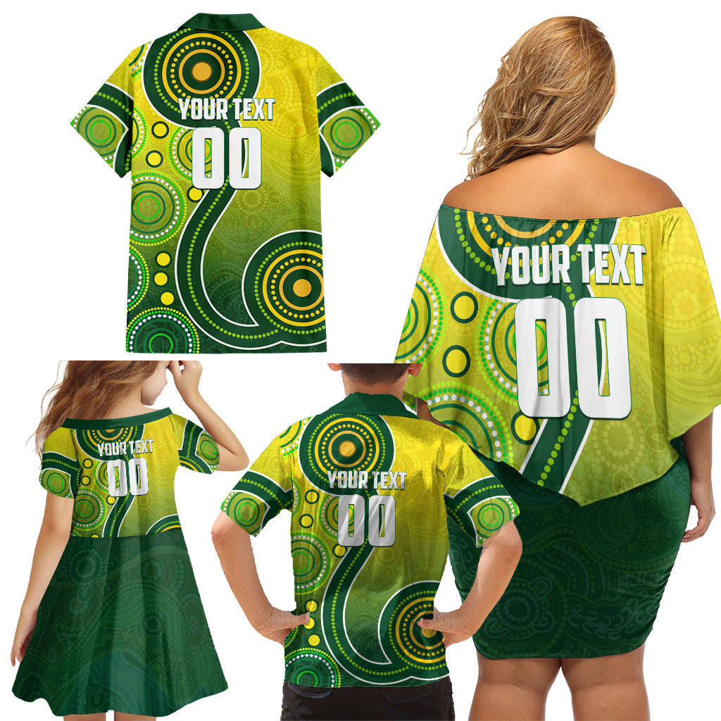 Personalized Australian Soccer Kangaroo Family Matching Off Shoulder Short Dress and Hawaiian Shirt Aboriginal Dot Pattern Green Gold Football Player