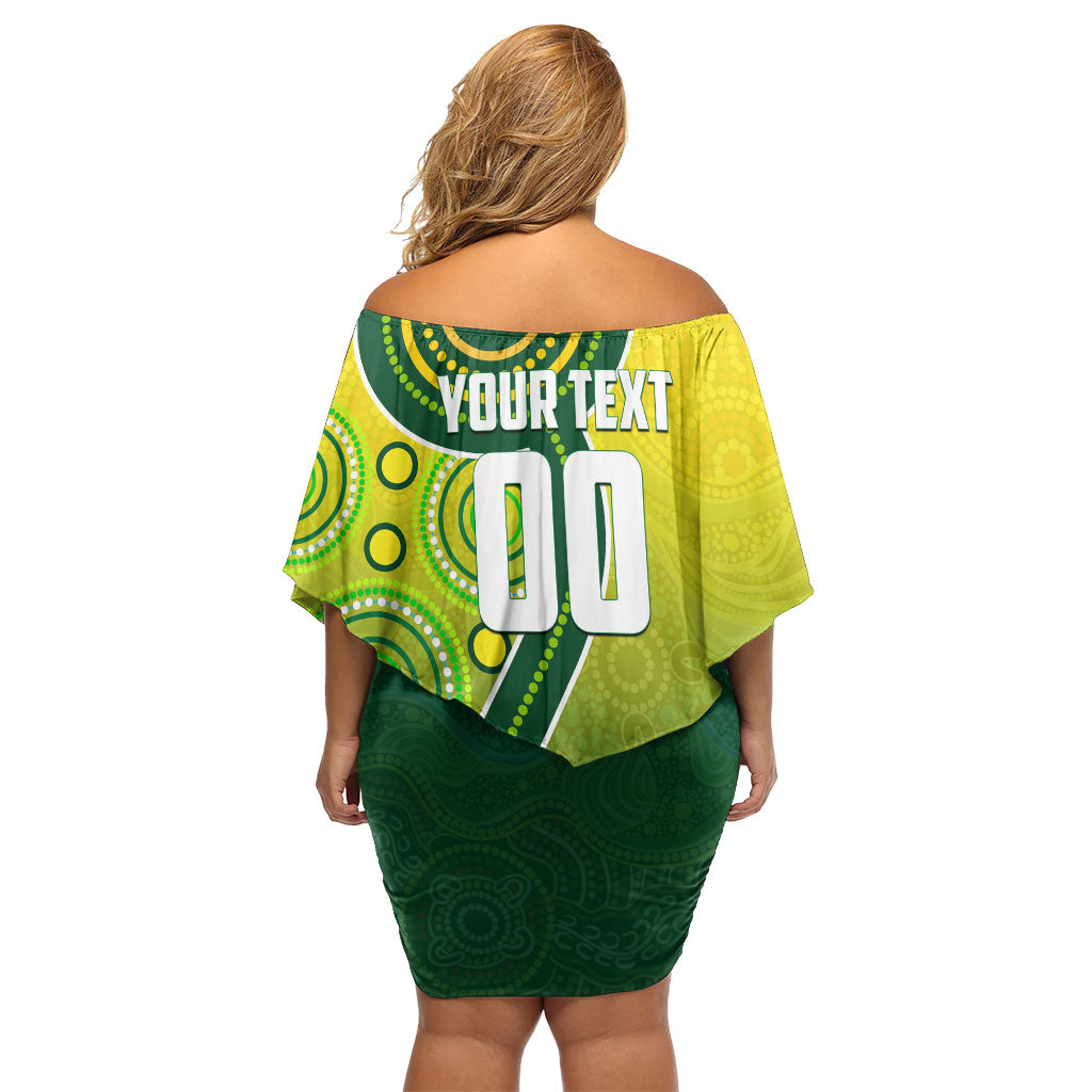 Personalized Australian Soccer Kangaroo Family Matching Off Shoulder Short Dress and Hawaiian Shirt Aboriginal Dot Pattern Green Gold Football Player