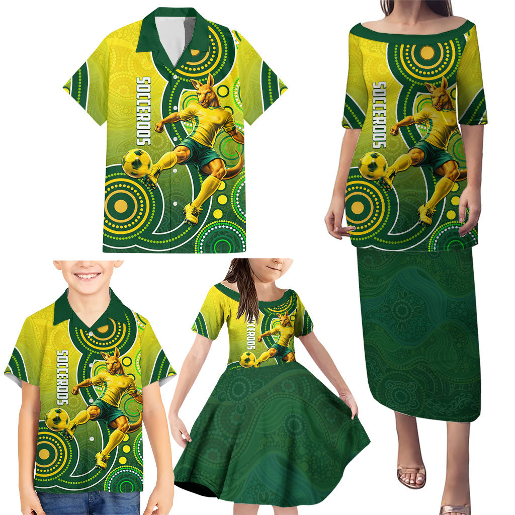 Personalized Australian Soccer Kangaroo Family Matching Puletasi and Hawaiian Shirt Aboriginal Dot Pattern Green Gold Football Player