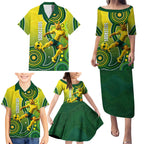 Personalized Australian Soccer Kangaroo Family Matching Puletasi and Hawaiian Shirt Aboriginal Dot Pattern Green Gold Football Player