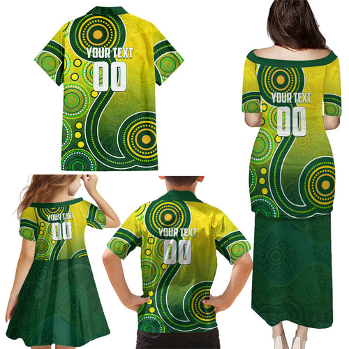 Personalized Australian Soccer Kangaroo Family Matching Puletasi and Hawaiian Shirt Aboriginal Dot Pattern Green Gold Football Player