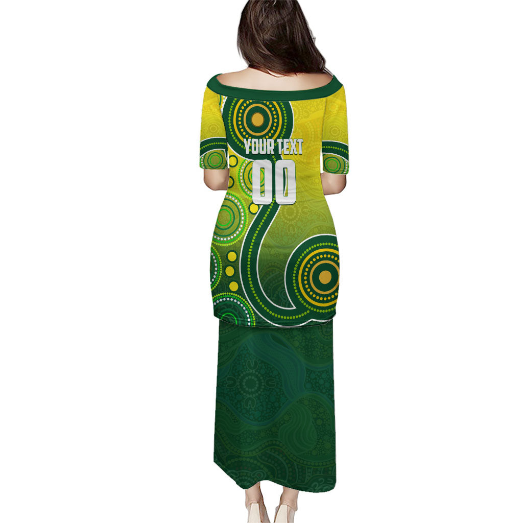 Personalized Australian Soccer Kangaroo Family Matching Puletasi and Hawaiian Shirt Aboriginal Dot Pattern Green Gold Football Player