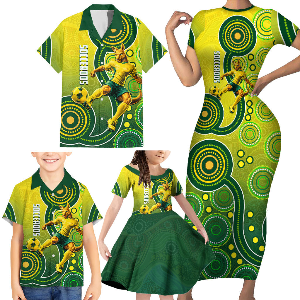 Personalized Australian Soccer Kangaroo Family Matching Short Sleeve Bodycon Dress and Hawaiian Shirt Aboriginal Dot Pattern Green Gold Football Player