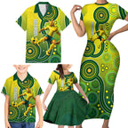 Personalized Australian Soccer Kangaroo Family Matching Short Sleeve Bodycon Dress and Hawaiian Shirt Aboriginal Dot Pattern Green Gold Football Player
