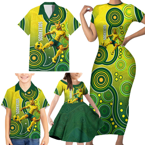 Personalized Australian Soccer Kangaroo Family Matching Short Sleeve Bodycon Dress and Hawaiian Shirt Aboriginal Dot Pattern Green Gold Football Player
