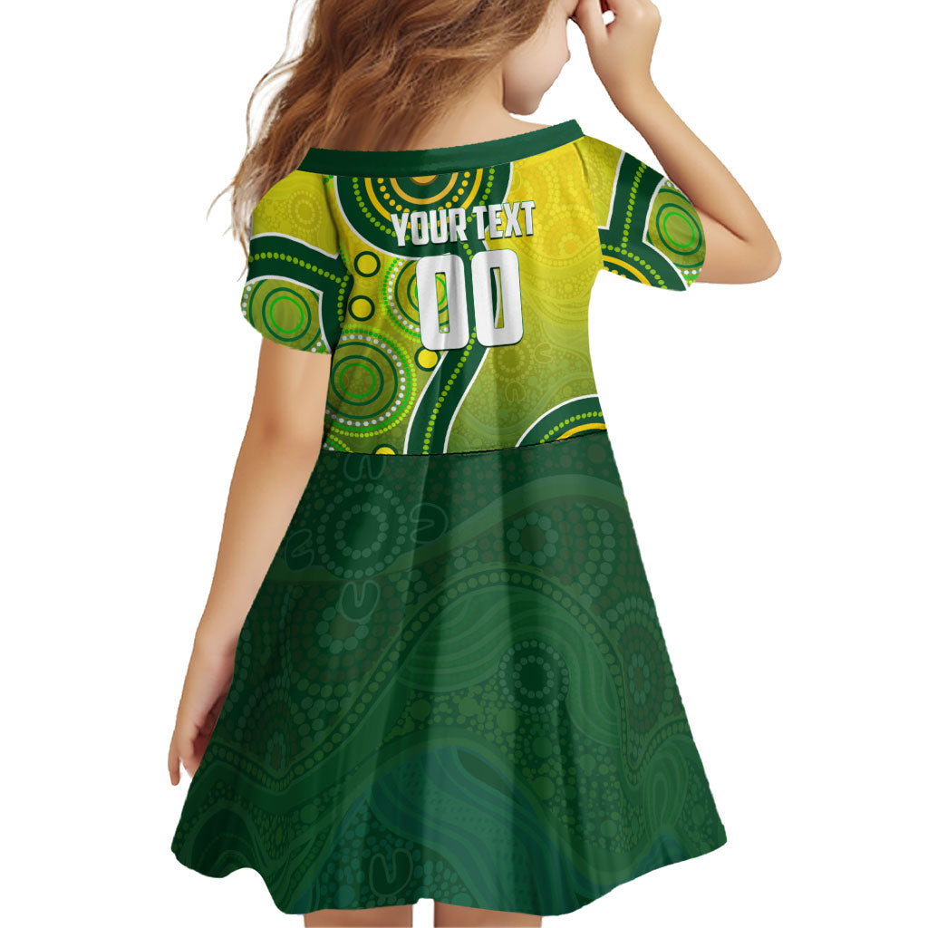 Personalized Australian Soccer Kangaroo Family Matching Short Sleeve Bodycon Dress and Hawaiian Shirt Aboriginal Dot Pattern Green Gold Football Player