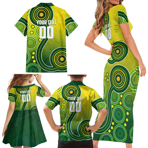 Personalized Australian Soccer Kangaroo Family Matching Short Sleeve Bodycon Dress and Hawaiian Shirt Aboriginal Dot Pattern Green Gold Football Player