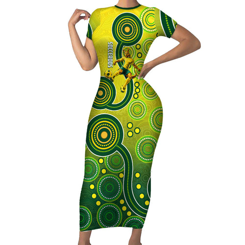 Personalized Australian Soccer Kangaroo Family Matching Short Sleeve Bodycon Dress and Hawaiian Shirt Aboriginal Dot Pattern Green Gold Football Player