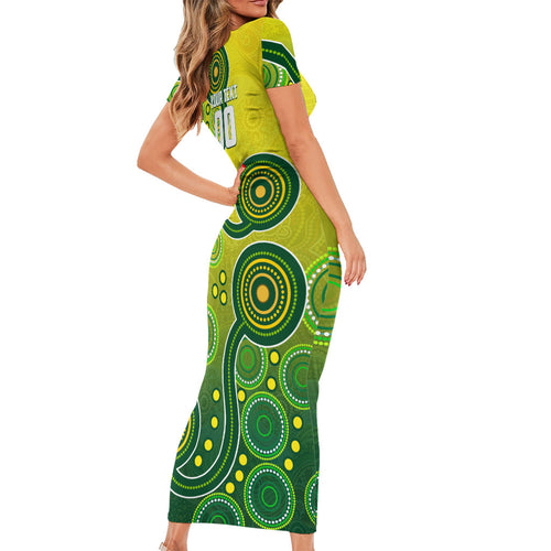 Personalized Australian Soccer Kangaroo Family Matching Short Sleeve Bodycon Dress and Hawaiian Shirt Aboriginal Dot Pattern Green Gold Football Player