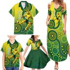 Personalized Australian Soccer Kangaroo Family Matching Summer Maxi Dress and Hawaiian Shirt Aboriginal Dot Pattern Green Gold Football Player