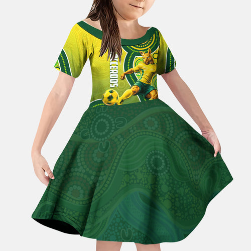 Personalized Australian Soccer Kangaroo Family Matching Summer Maxi Dress and Hawaiian Shirt Aboriginal Dot Pattern Green Gold Football Player