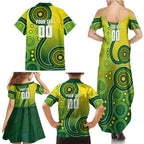 Personalized Australian Soccer Kangaroo Family Matching Summer Maxi Dress and Hawaiian Shirt Aboriginal Dot Pattern Green Gold Football Player