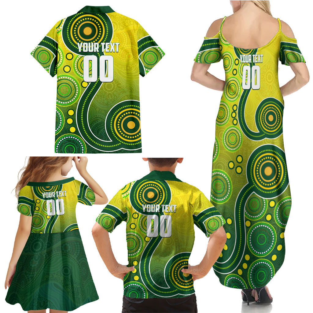 Personalized Australian Soccer Kangaroo Family Matching Summer Maxi Dress and Hawaiian Shirt Aboriginal Dot Pattern Green Gold Football Player