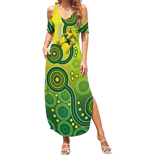 Personalized Australian Soccer Kangaroo Family Matching Summer Maxi Dress and Hawaiian Shirt Aboriginal Dot Pattern Green Gold Football Player