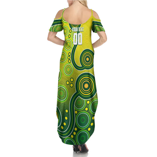 Personalized Australian Soccer Kangaroo Family Matching Summer Maxi Dress and Hawaiian Shirt Aboriginal Dot Pattern Green Gold Football Player