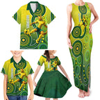 Personalized Australian Soccer Kangaroo Family Matching Tank Maxi Dress and Hawaiian Shirt Aboriginal Dot Pattern Green Gold Football Player