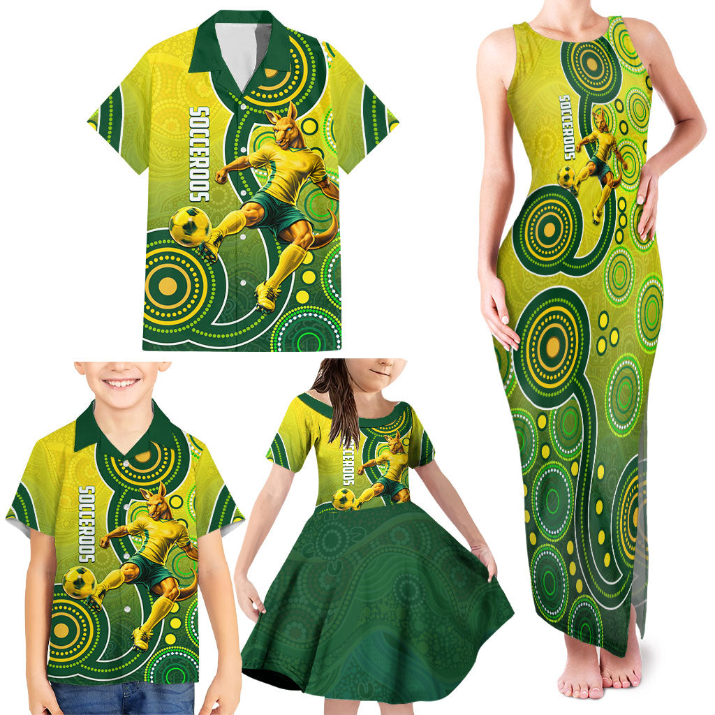 Personalized Australian Soccer Kangaroo Family Matching Tank Maxi Dress and Hawaiian Shirt Aboriginal Dot Pattern Green Gold Football Player