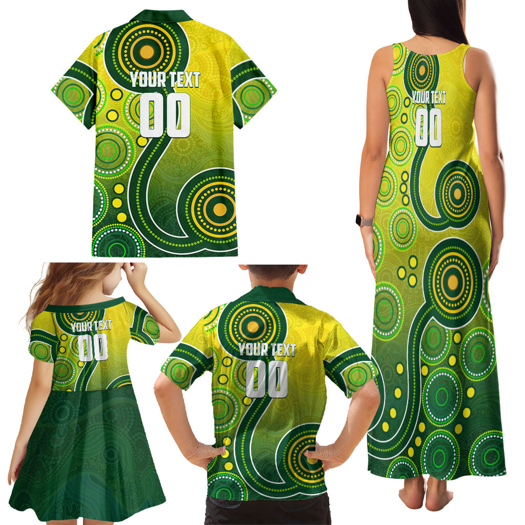 Personalized Australian Soccer Kangaroo Family Matching Tank Maxi Dress and Hawaiian Shirt Aboriginal Dot Pattern Green Gold Football Player