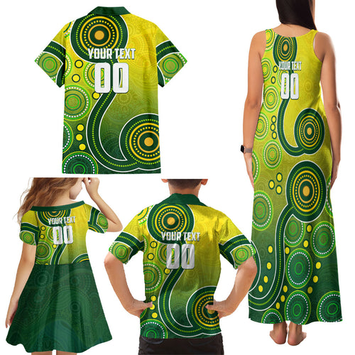 Personalized Australian Soccer Kangaroo Family Matching Tank Maxi Dress and Hawaiian Shirt Aboriginal Dot Pattern Green Gold Football Player