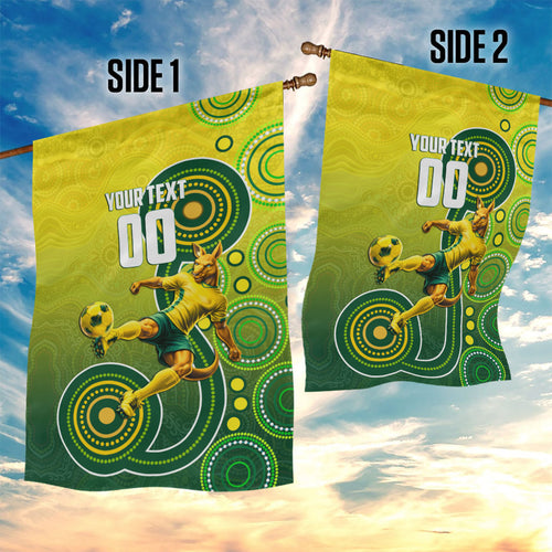 Personalized Australian Soccer Kangaroo Garden Flag Aboriginal Dot Pattern Green Gold Football Player