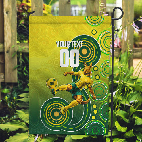 Personalized Australian Soccer Kangaroo Garden Flag Aboriginal Dot Pattern Green Gold Football Player