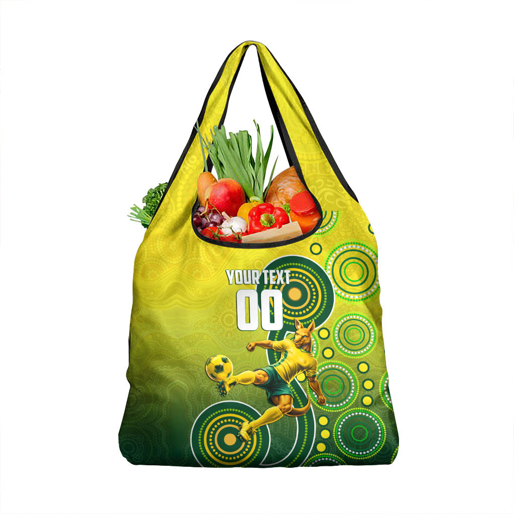 Personalized Australian Soccer Kangaroo Grocery Bag Aboriginal Dot Pattern Green Gold Football Player