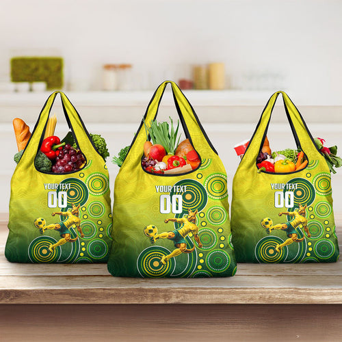 Personalized Australian Soccer Kangaroo Grocery Bag Aboriginal Dot Pattern Green Gold Football Player