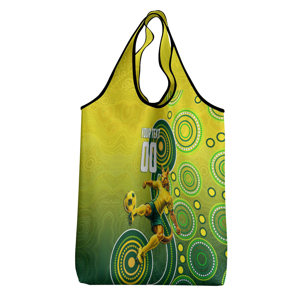 Personalized Australian Soccer Kangaroo Grocery Bag Aboriginal Dot Pattern Green Gold Football Player