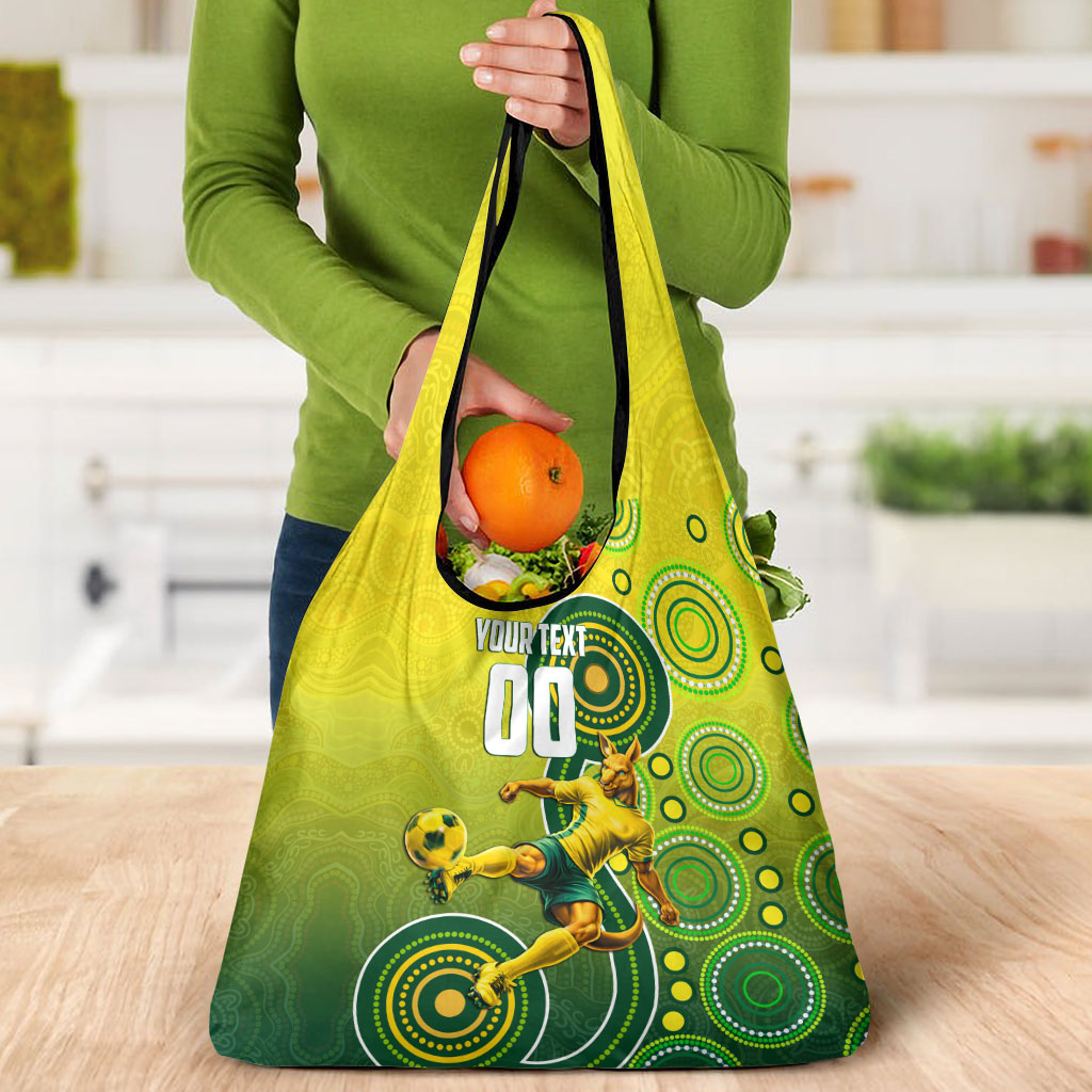 Personalized Australian Soccer Kangaroo Grocery Bag Aboriginal Dot Pattern Green Gold Football Player