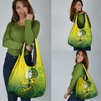 Personalized Australian Soccer Kangaroo Grocery Bag Aboriginal Dot Pattern Green Gold Football Player