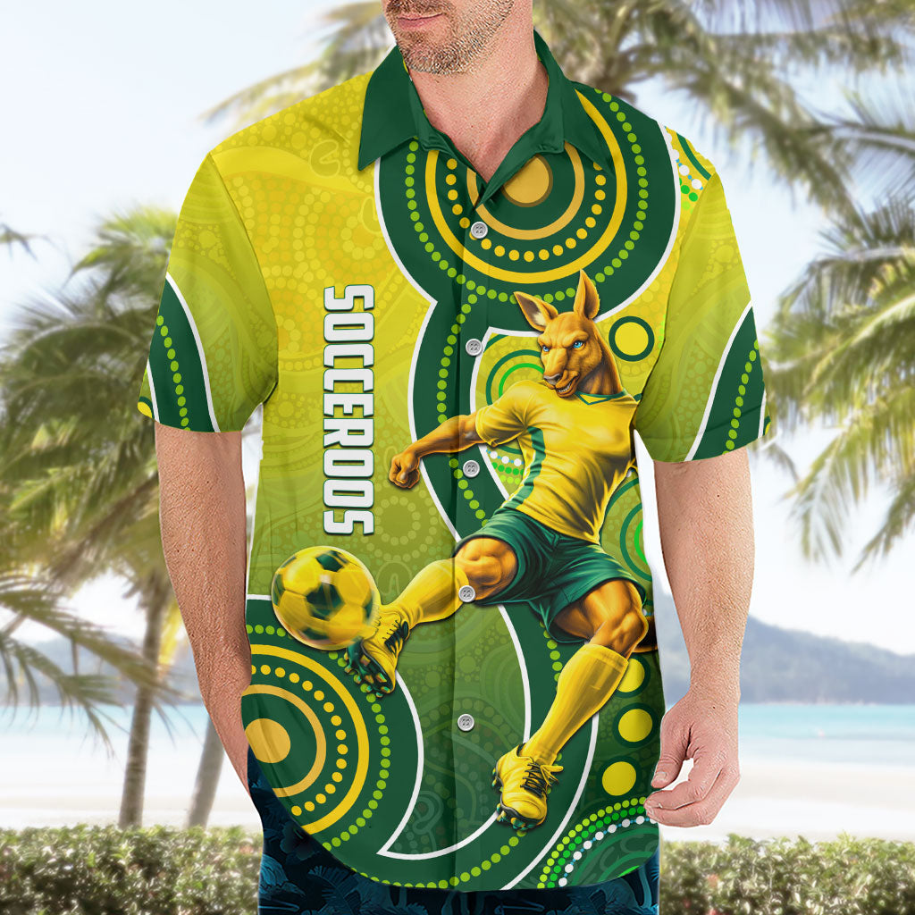 Personalized Australian Soccer Kangaroo Hawaiian Shirt Aboriginal Dot Pattern Green Gold Football Player