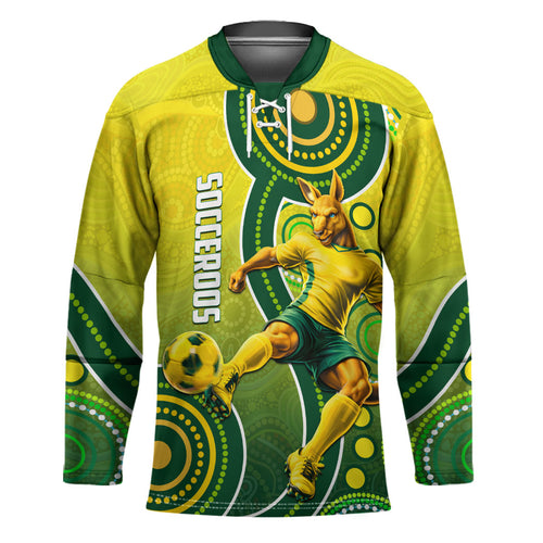 Personalized Australian Soccer Kangaroo Hockey Jersey Aboriginal Dot Pattern Green Gold Football Player