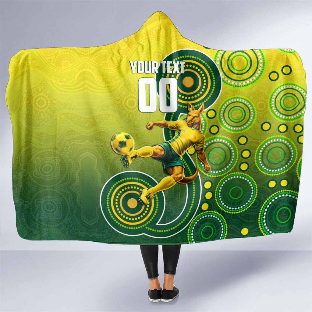 Personalized Australian Soccer Kangaroo Hooded Blanket Aboriginal Dot Pattern Green Gold Football Player