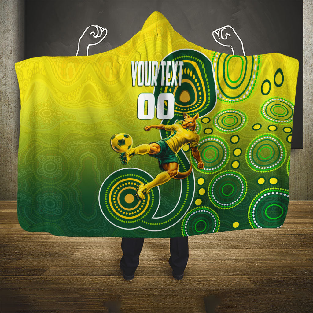 Personalized Australian Soccer Kangaroo Hooded Blanket Aboriginal Dot Pattern Green Gold Football Player