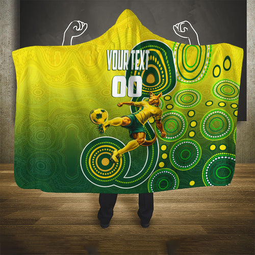 Personalized Australian Soccer Kangaroo Hooded Blanket Aboriginal Dot Pattern Green Gold Football Player